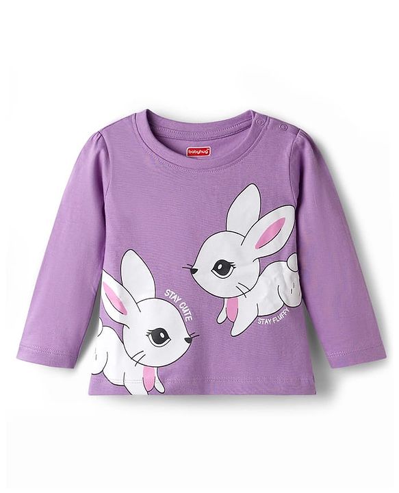 Babyhug Cotton Knit Full Sleeves Rabbit Printed T-Shirt & Hearts Printed Pyjama Night Suit - Lavender