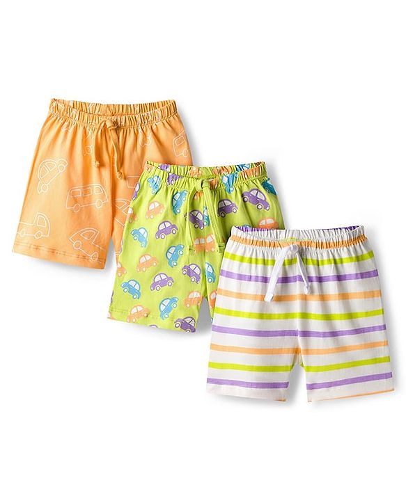 Babyhug Single Jersey Knit Mid Thigh Shorts Vehicle Print Pack Of 3 - Orange Green & White