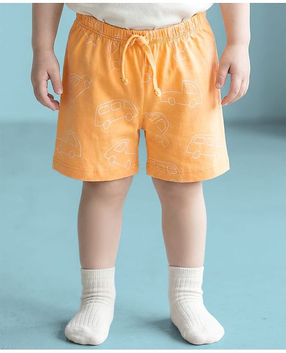 Babyhug Single Jersey Knit Mid Thigh Shorts Vehicle Print Pack Of 3 - Orange Green & White