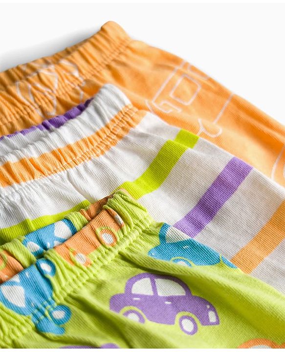 Babyhug Single Jersey Knit Mid Thigh Shorts Vehicle Print Pack Of 3 - Orange Green & White