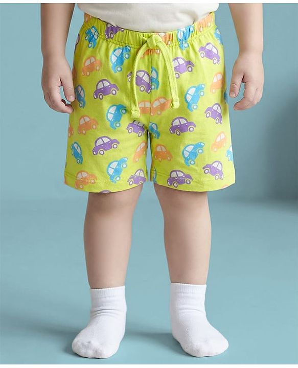 Babyhug Single Jersey Knit Mid Thigh Shorts Vehicle Print Pack Of 3 - Orange Green & White