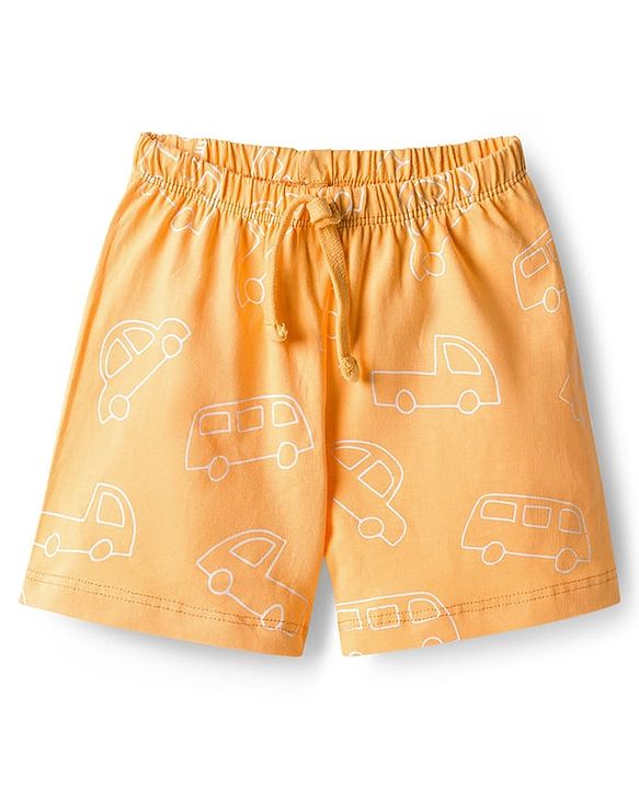 Babyhug Single Jersey Knit Mid Thigh Shorts Vehicle Print Pack Of 3 - Orange Green & White