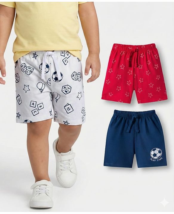Babyhug 100% Cotton Single Jersey Knit Mid Thigh Shorts With Football Print Pack Of 3 - Red Navy Blue & White