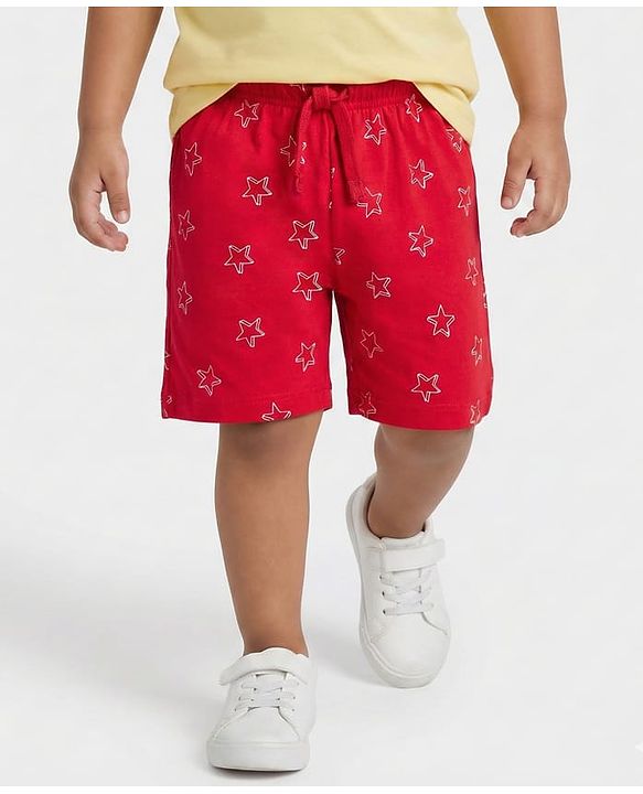 Babyhug 100% Cotton Single Jersey Knit Mid Thigh Shorts With Football Print Pack Of 3 - Red Navy Blue & White