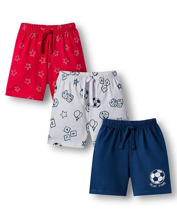 Babyhug 100% Cotton Single Jersey Knit Mid Thigh Shorts With Football Print Pack Of 3 - Red Navy Blue & White