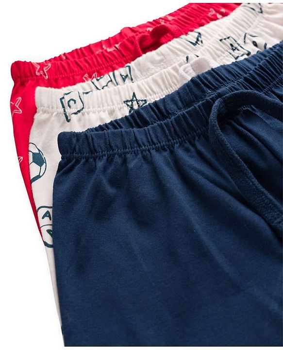 Babyhug 100% Cotton Single Jersey Knit Mid Thigh Shorts With Football Print Pack Of 3 - Red Navy Blue & White