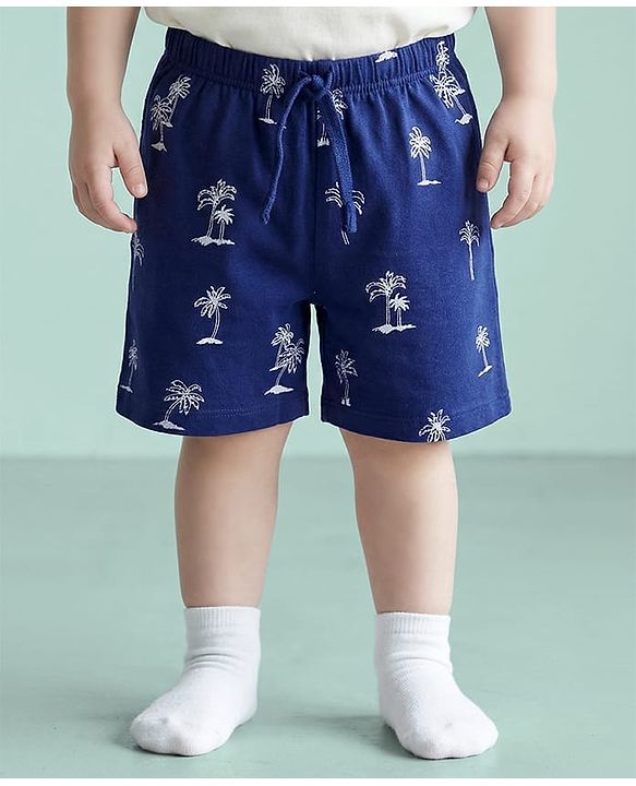 Babyhug Single Jersey Knit Mid Thigh Striped & Tree Printed Shorts Pack of 3 - Navy Blue Orange & White