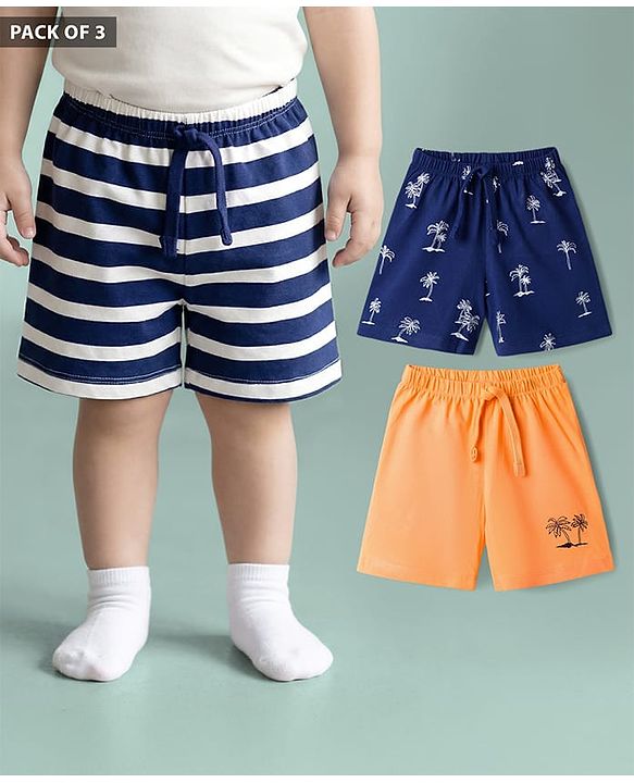 Babyhug Single Jersey Knit Mid Thigh Striped & Tree Printed Shorts Pack of 3 - Navy Blue Orange & White