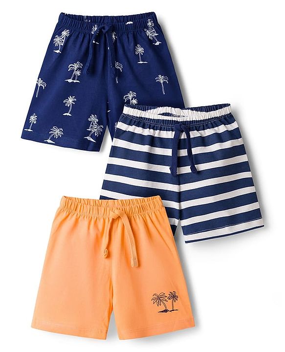 Babyhug Single Jersey Knit Mid Thigh Striped & Tree Printed Shorts Pack of 3 - Navy Blue Orange & White