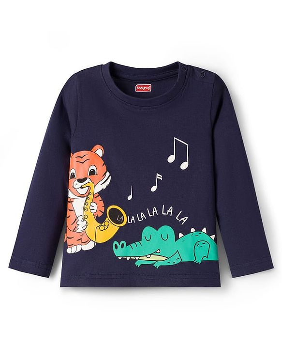 Babyhug Cotton Knit Full Sleeves T-Shirt & Pyjama Night Suit With Dino & Tiger Print - Navy Blue