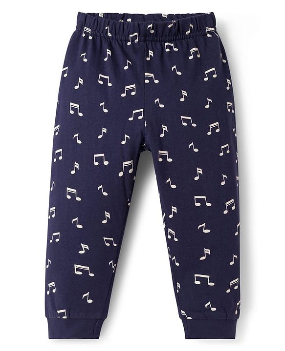 Babyhug Cotton Knit Full Sleeves T-Shirt & Pyjama Night Suit With Dino & Tiger Print - Navy Blue
