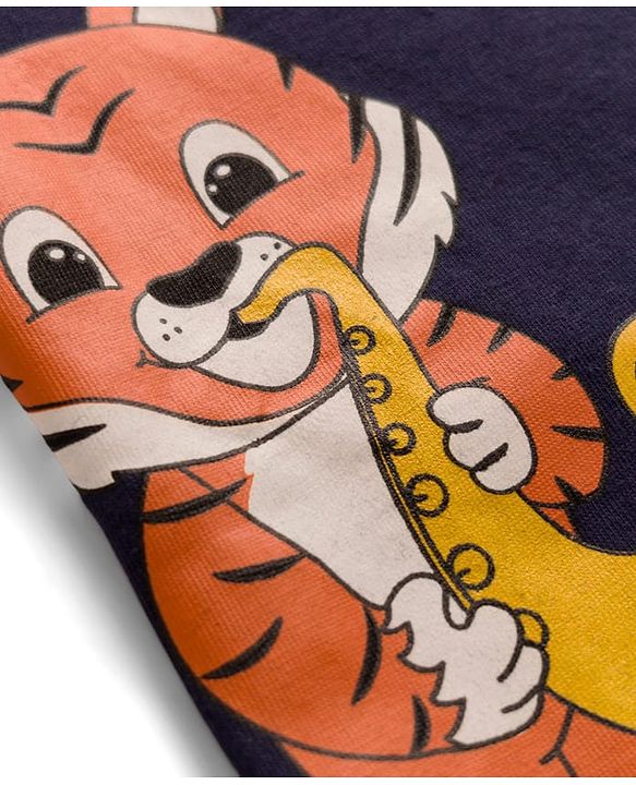 Babyhug Cotton Knit Full Sleeves T-Shirt & Pyjama Night Suit With Dino & Tiger Print - Navy Blue