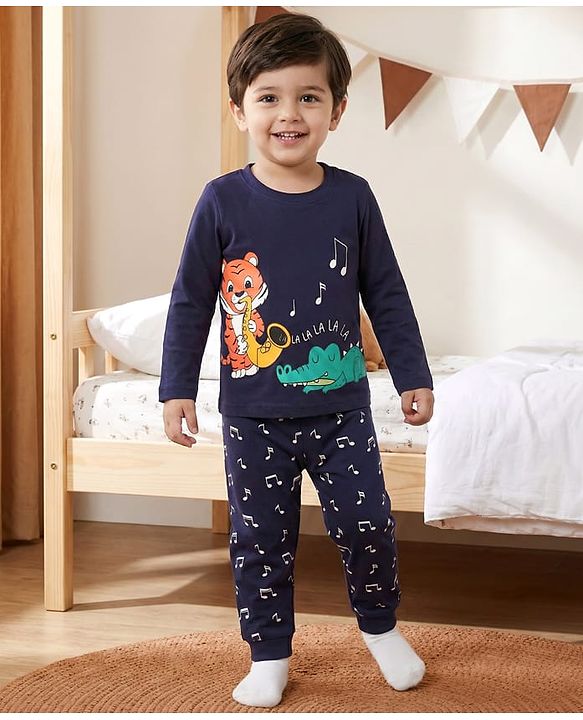 Babyhug Cotton Knit Full Sleeves T-Shirt & Pyjama Night Suit With Dino & Tiger Print - Navy Blue