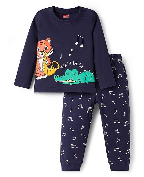 Babyhug Cotton Knit Full Sleeves T-Shirt & Pyjama Night Suit With Dino & Tiger Print - Navy Blue