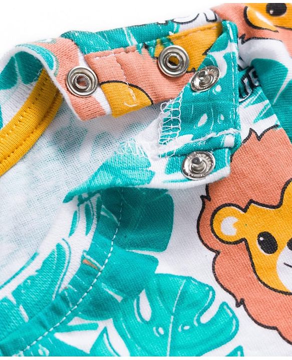 Babyhug Single Jersey Knit Half Sleeves Animal Printed T-Shirt & Denim Dungaree with Tiger Embroidery - Blue