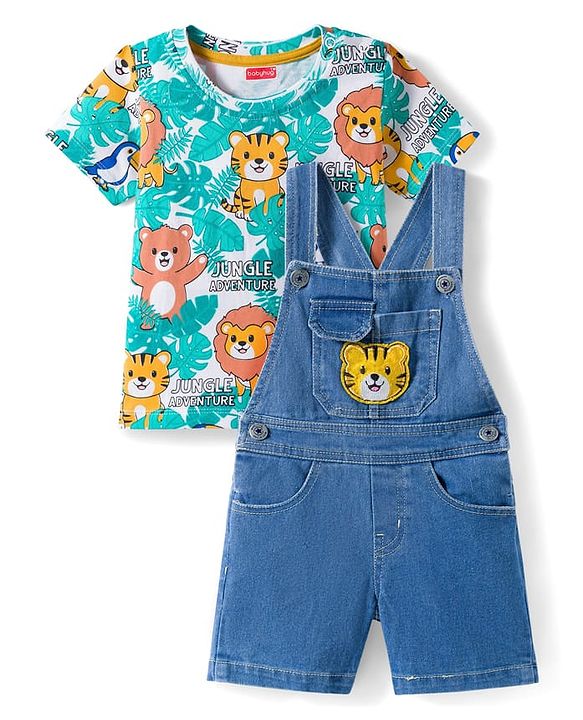 Babyhug Single Jersey Knit Half Sleeves Animal Printed T-Shirt & Denim Dungaree with Tiger Embroidery - Blue