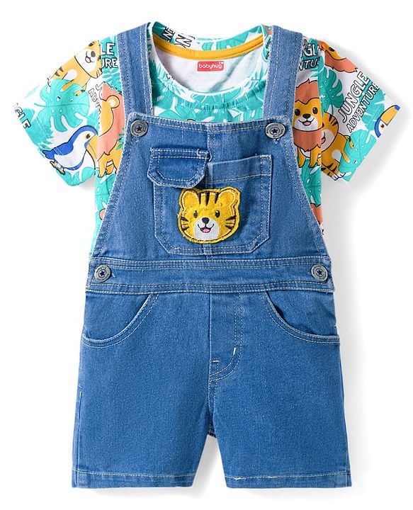 Babyhug Single Jersey Knit Half Sleeves Animal Printed T-Shirt & Denim Dungaree with Tiger Embroidery - Blue