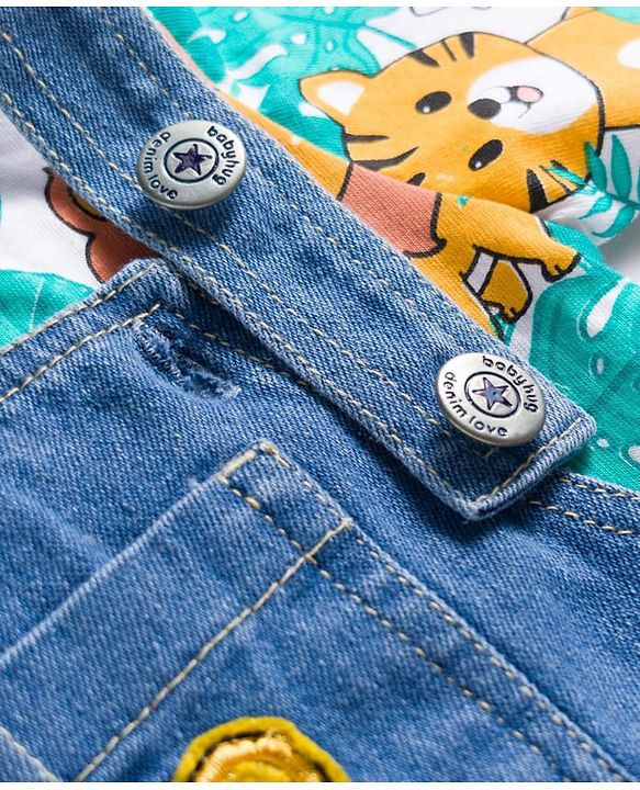 Babyhug Single Jersey Knit Half Sleeves Animal Printed T-Shirt & Denim Dungaree with Tiger Embroidery - Blue