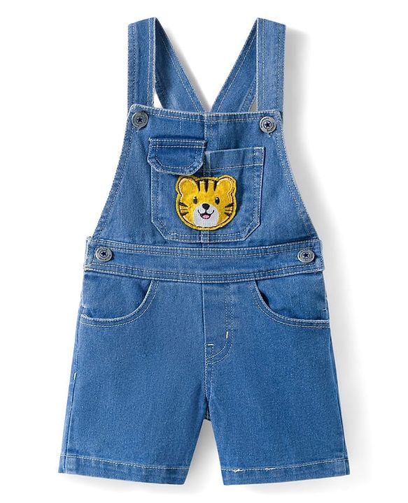 Babyhug Single Jersey Knit Half Sleeves Animal Printed T-Shirt & Denim Dungaree with Tiger Embroidery - Blue