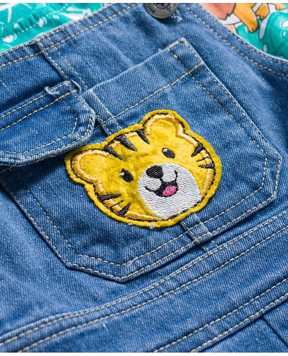 Babyhug Single Jersey Knit Half Sleeves Animal Printed T-Shirt & Denim Dungaree with Tiger Embroidery - Blue