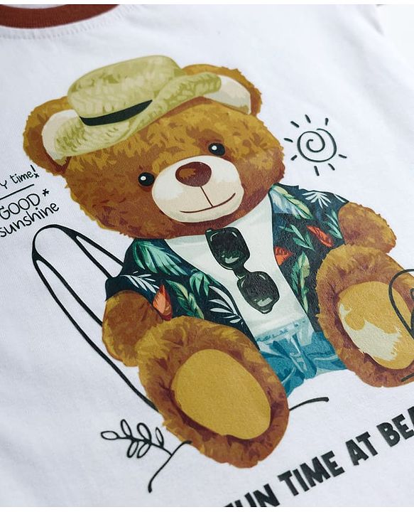 Babyhug Single Jersey Knit Half Sleeves Bear Printed T-Shirt & Shorts Set - White & Navy Blue