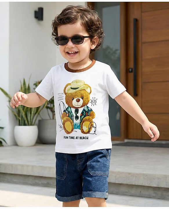 Babyhug Single Jersey Knit Half Sleeves Bear Printed T-Shirt & Shorts Set - White & Navy Blue