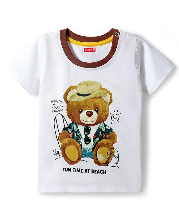 Babyhug Single Jersey Knit Half Sleeves Bear Printed T-Shirt & Shorts Set - White & Navy Blue