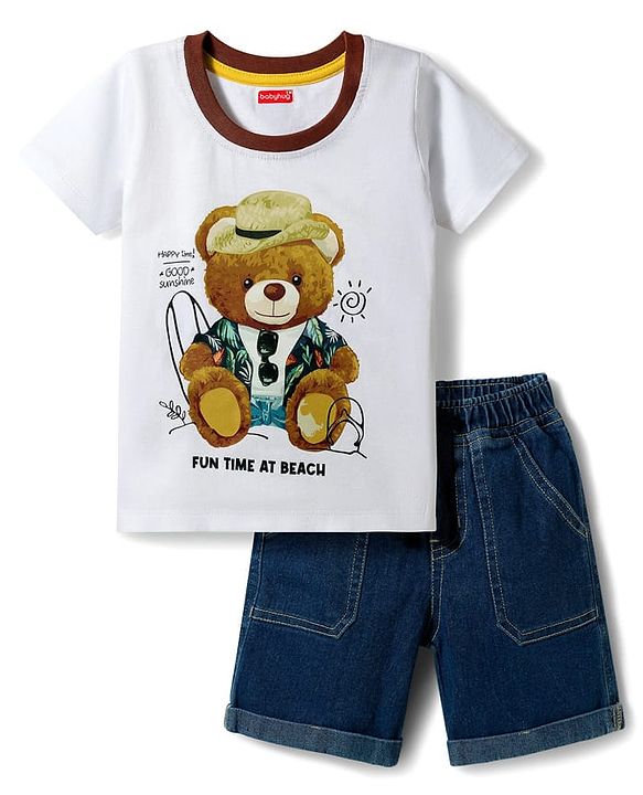 Babyhug Single Jersey Knit Half Sleeves Bear Printed T-Shirt & Shorts Set - White & Navy Blue