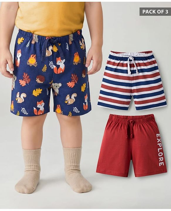 Babyhug Single Jersey Knit Mid Thigh Striped & Animal Printed Shorts Pack of 3 - Multicolor