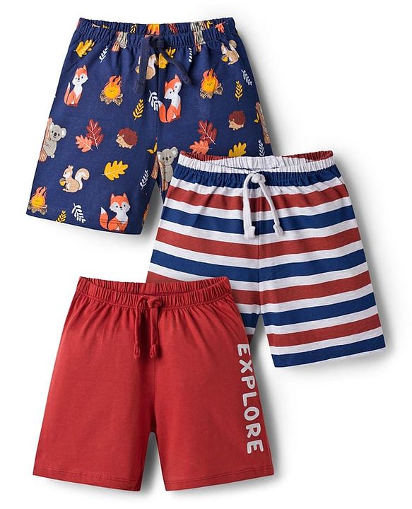 Babyhug Single Jersey Knit Mid Thigh Striped & Animal Printed Shorts Pack of 3 - Multicolor
