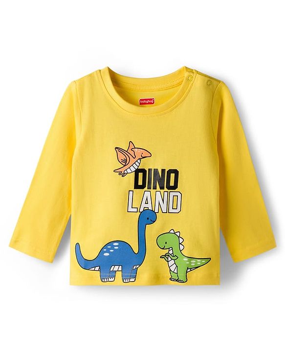 Babyhug Cotton Knit Full Sleeves T-Shirt Style & Lounge Pant Night Suit With Dino Print - Yellow