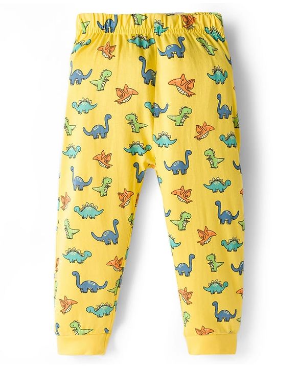 Babyhug Cotton Knit Full Sleeves T-Shirt Style & Lounge Pant Night Suit With Dino Print - Yellow