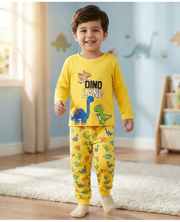 Babyhug Cotton Knit Full Sleeves T-Shirt Style & Lounge Pant Night Suit With Dino Print - Yellow
