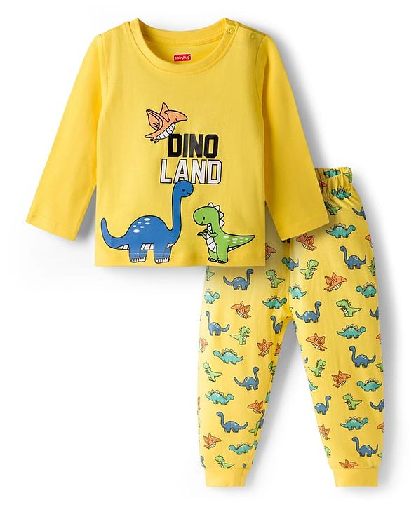 Babyhug Cotton Knit Full Sleeves T-Shirt Style & Lounge Pant Night Suit With Dino Print - Yellow