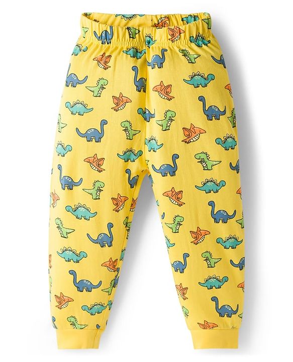 Babyhug Cotton Knit Full Sleeves T-Shirt Style & Lounge Pant Night Suit With Dino Print - Yellow
