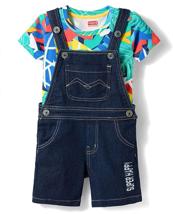 Babyhug Single Jersey Knit Half Sleeves Abstract Printed Tee & Dungaree Set - Multicolour