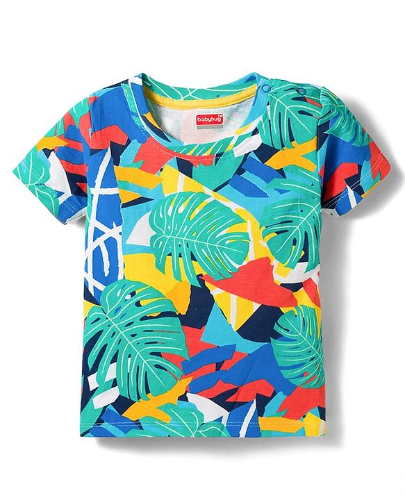 Babyhug Single Jersey Knit Half Sleeves Abstract Printed Tee & Dungaree Set - Multicolour