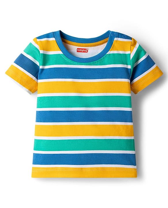 Babyhug Single Jersey Knit Half Sleeves Striped T-Shirt & Denim Dungarees Set with Embroidery - Blue
