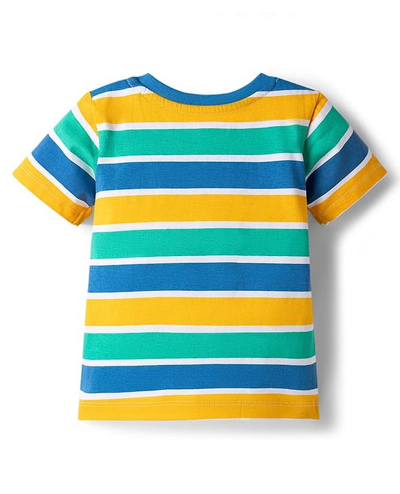 Babyhug Single Jersey Knit Half Sleeves Striped T-Shirt & Denim Dungarees Set with Embroidery - Blue