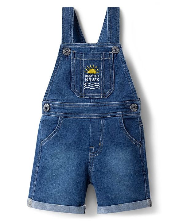 Babyhug Single Jersey Knit Half Sleeves Striped T-Shirt & Denim Dungarees Set with Embroidery - Blue