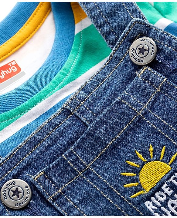 Babyhug Single Jersey Knit Half Sleeves Striped T-Shirt & Denim Dungarees Set with Embroidery - Blue