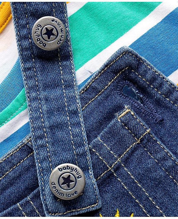 Babyhug Single Jersey Knit Half Sleeves Striped T-Shirt & Denim Dungarees Set with Embroidery - Blue