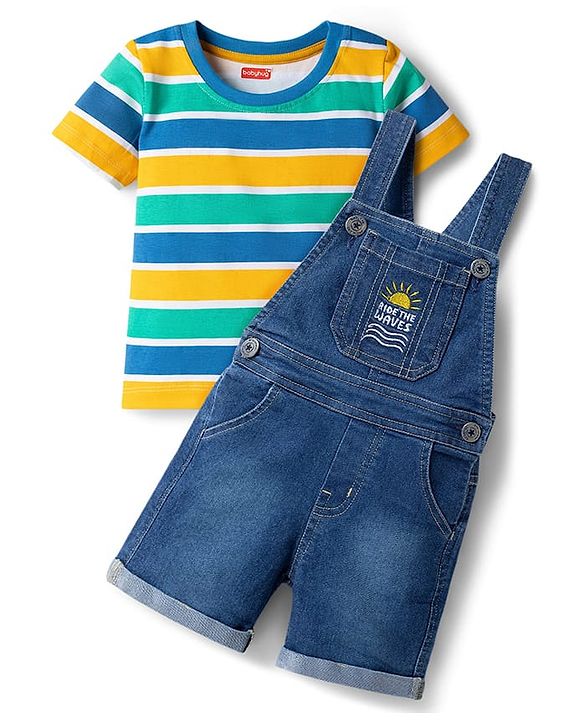 Babyhug Single Jersey Knit Half Sleeves Striped T-Shirt & Denim Dungarees Set with Embroidery - Blue
