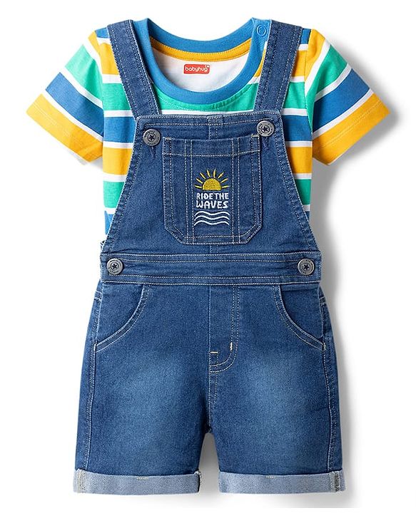 Babyhug Single Jersey Knit Half Sleeves Striped T-Shirt & Denim Dungarees Set with Embroidery - Blue