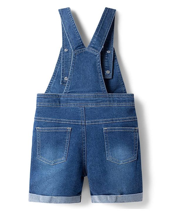 Babyhug Single Jersey Knit Half Sleeves Striped T-Shirt & Denim Dungarees Set with Embroidery - Blue