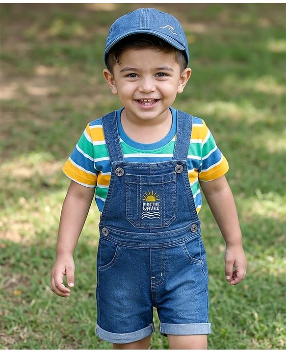 Babyhug Single Jersey Knit Half Sleeves Striped T-Shirt & Denim Dungarees Set with Embroidery - Blue