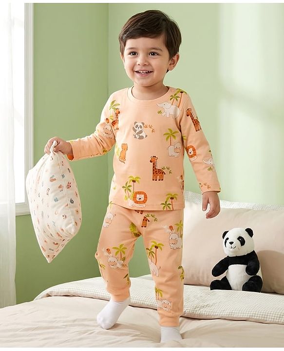 Babyhug Cotton Knit Full Sleeves Jungle Theme Printed Co-Ords T-Shirt & Pyjama Night Suit - Tan