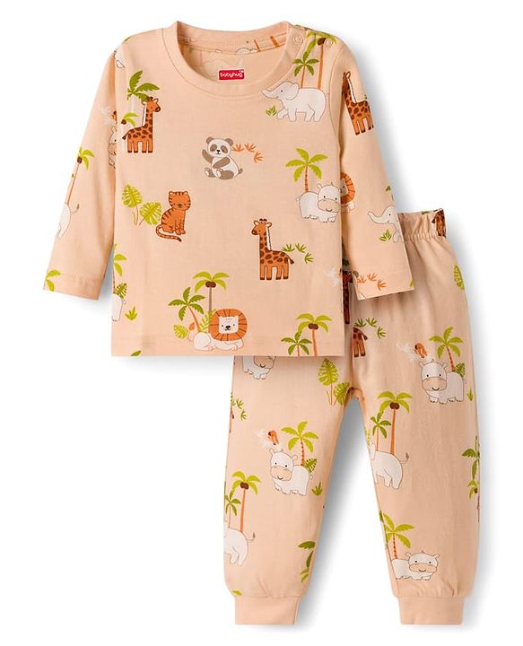 Babyhug Cotton Knit Full Sleeves Jungle Theme Printed Co-Ords T-Shirt & Pyjama Night Suit - Tan
