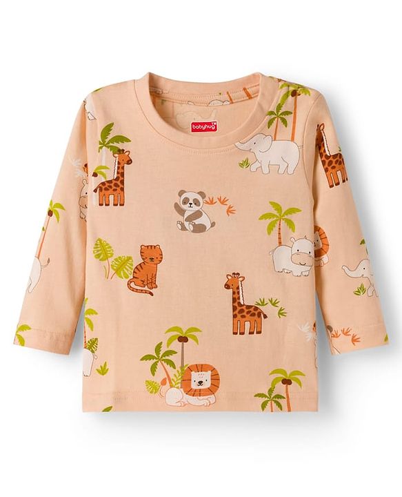 Babyhug Cotton Knit Full Sleeves Jungle Theme Printed Co-Ords T-Shirt & Pyjama Night Suit - Tan
