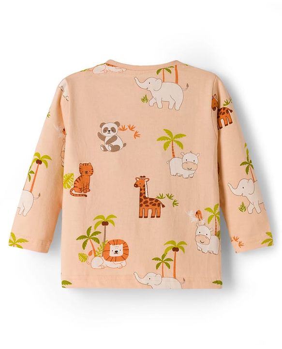 Babyhug Cotton Knit Full Sleeves Jungle Theme Printed Co-Ords T-Shirt & Pyjama Night Suit - Tan